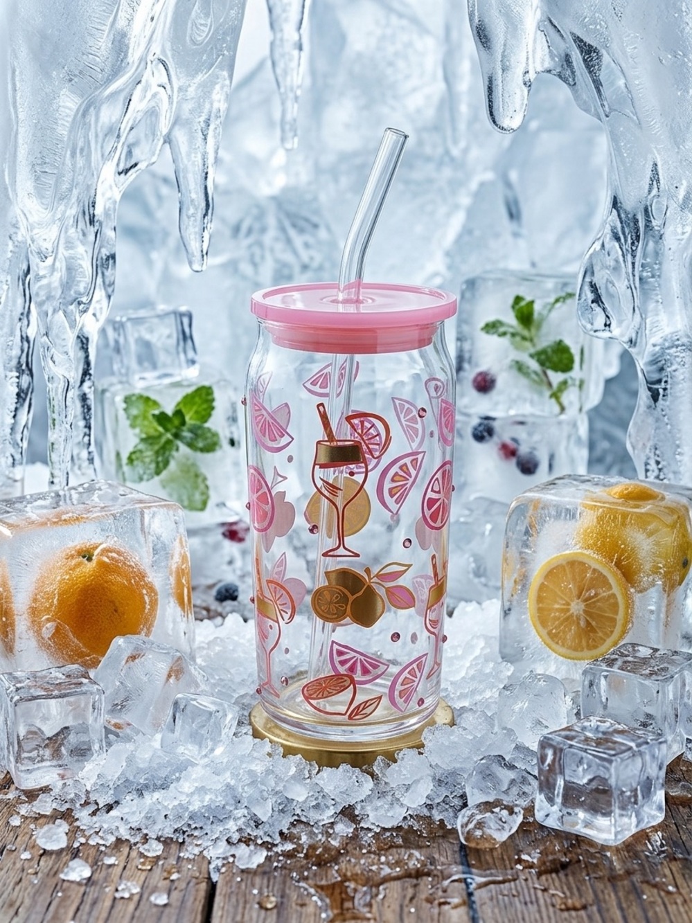 Pink Citrus Glass Tumbler with Straw - Picture 1 of 5